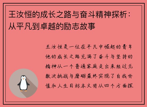 王汝恒的成长之路与奋斗精神探析：从平凡到卓越的励志故事